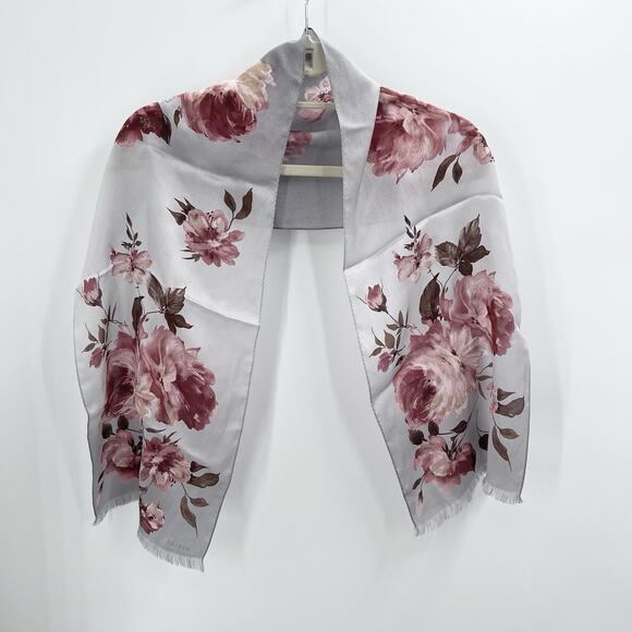 Vintage Ralph Lauren Silk Light Gray Pink Floral Roses Rectangle Scarf - Picture 1 of 9